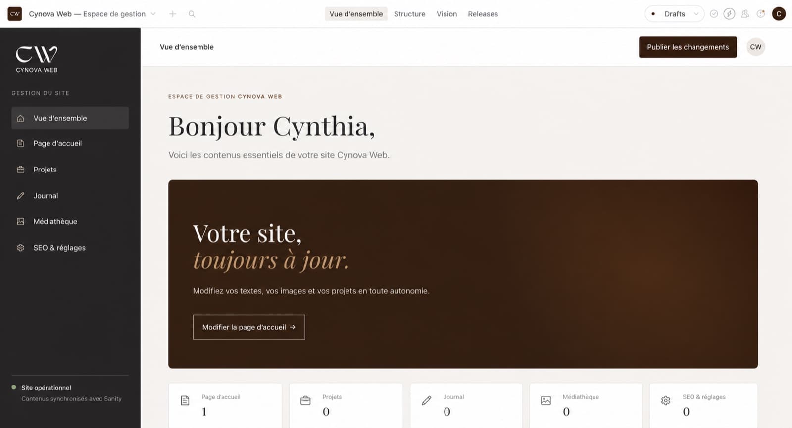 Aperçu de l’espace de gestion personnalisé Cynova Web